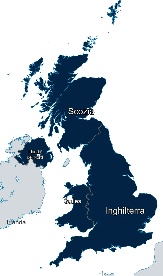Mappa del Regno Unito con l'area coperta dall'ETA: Inghilterra, Scozia, Galles e Irlanda del Nord